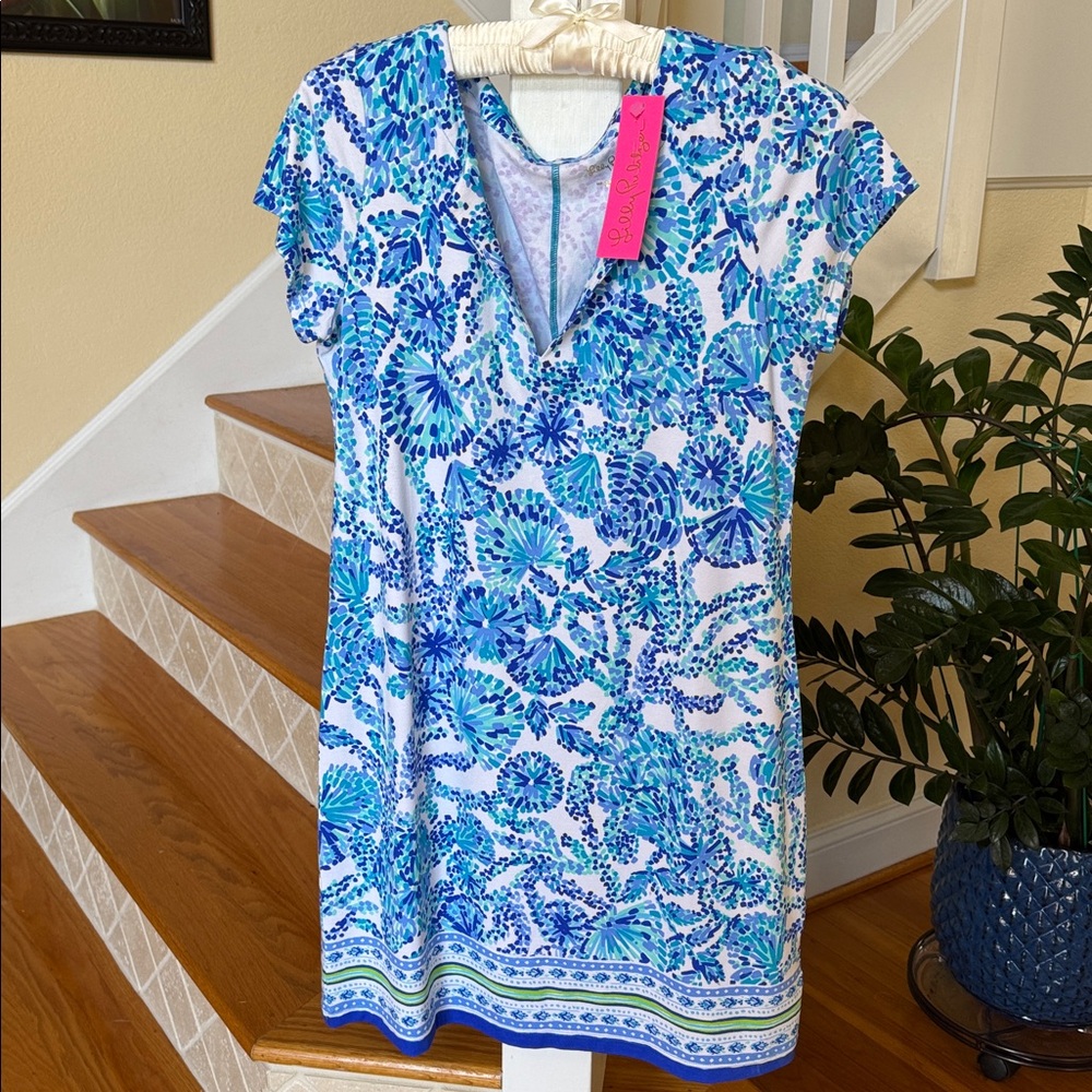 Lilly Pulitzer UPF 50+ Sophiletta Dress, Turquoise Oasis Shell Me You Love Me, L - Picture 8 of 14